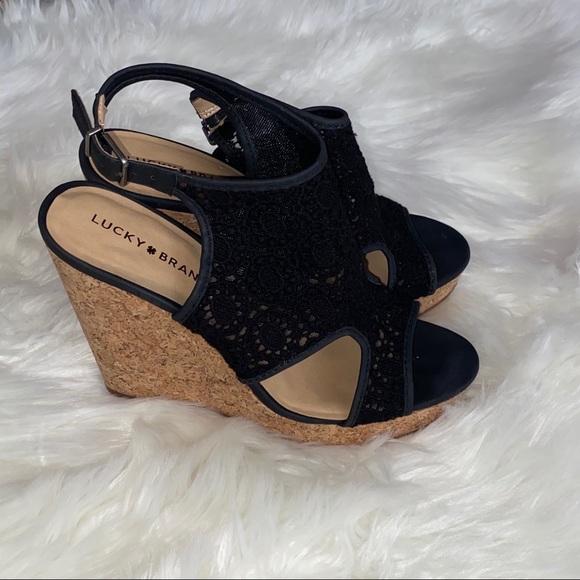 Lucky Brand Black Wedge Sandals with Lace Detail - Picture 3 of 10
